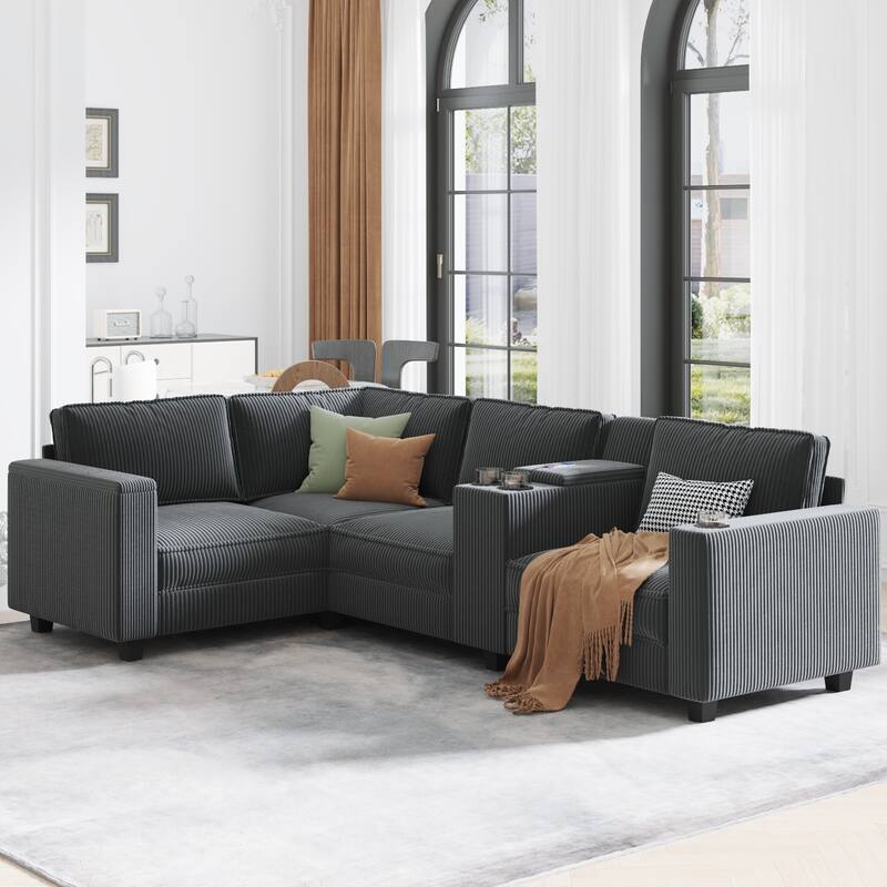 105" L-Shaped Corduroy Sectional Sofa with Storage Armrests and Console, 4-Seater Convertible Couch with USB charging