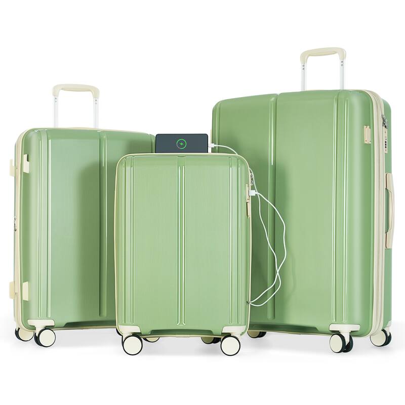 3 Piece Luggage Set with USB Port, Carry on Luggage Airline Approved, PP Lightweight Suitcase
