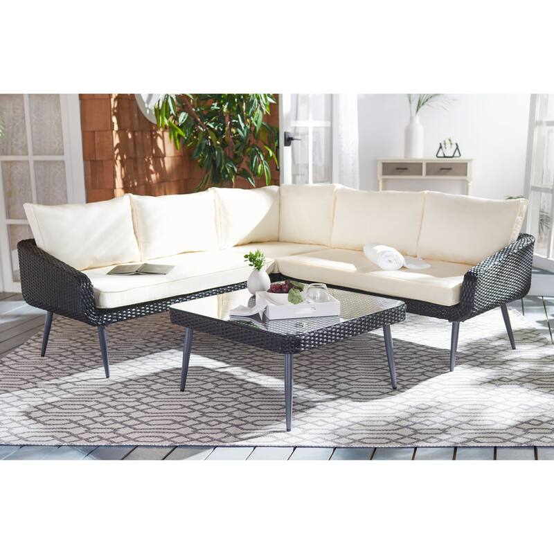 SAFAVIEH Outdoor Onri 3-Piece Sofa Set - 32"W x 32"D x 16"H - Black/Beige