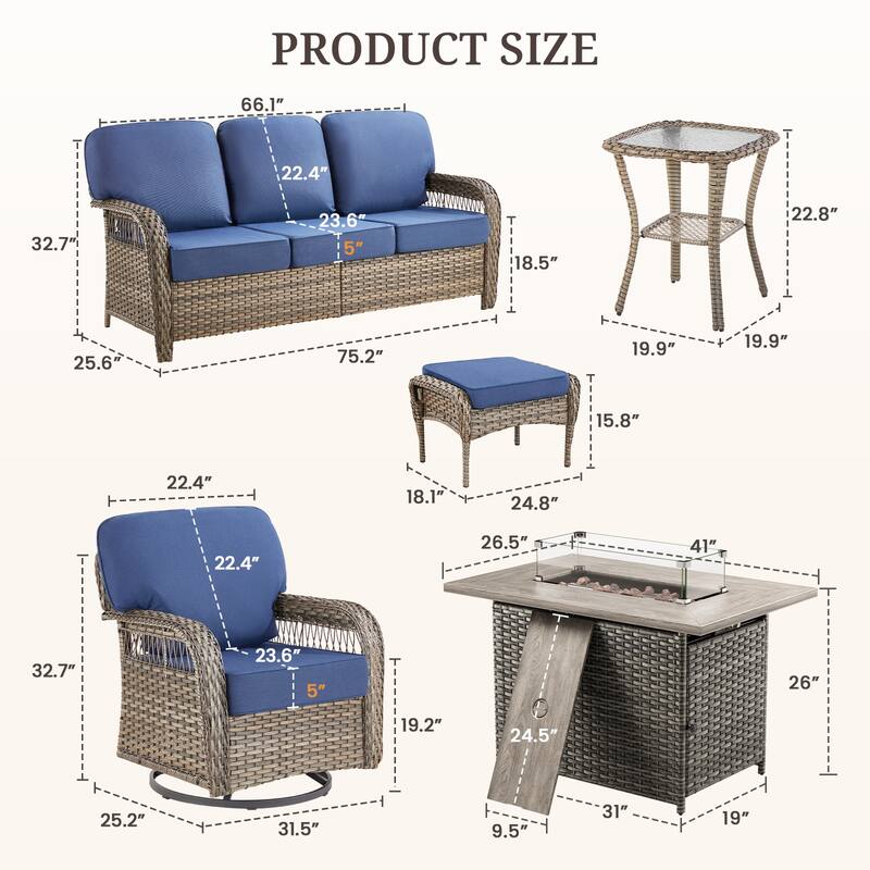 Pocassy Outdoor Fire Table with Swivel Chair Sofa Ottoman Funiture Set.