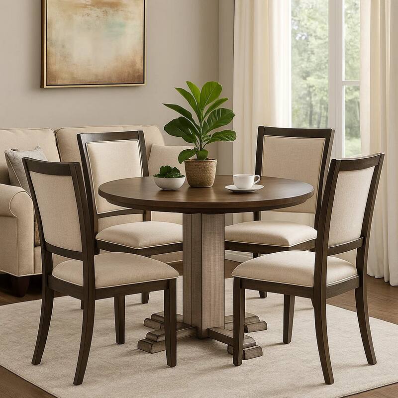 Camie Dining Table, 40 Inch Brown Round Top w Drop Leafs, Rustic Gray