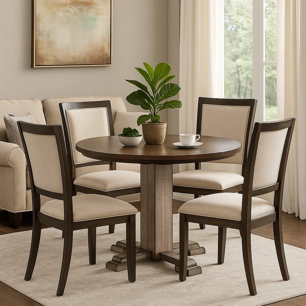 Camie Dining Table, 40 Inch Brown Round Top w Drop Leafs, Rustic Gray