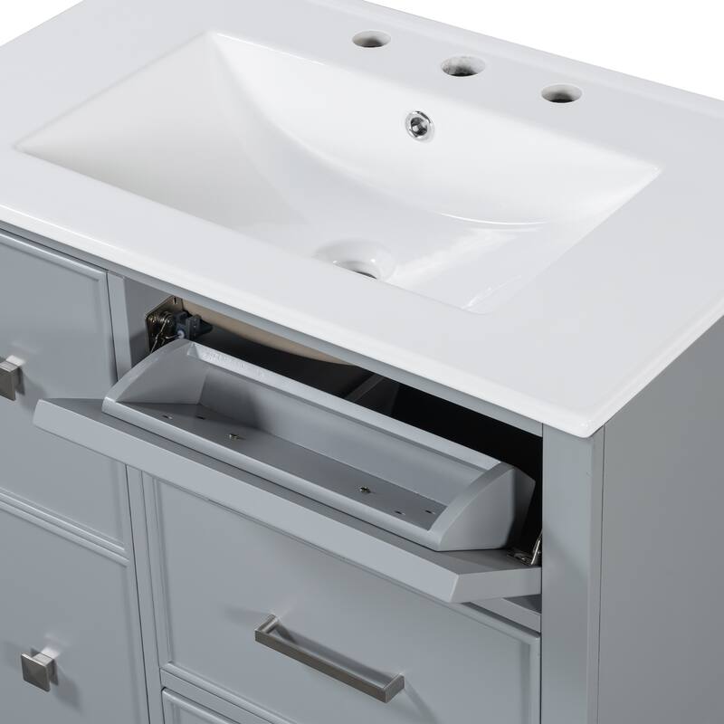 Freestanding Bathroom Vanity with Drop-In Rectangular Ceramic Sink, Flip-Out Drawer, Soft-Close Drawers and Solid Wood Legs