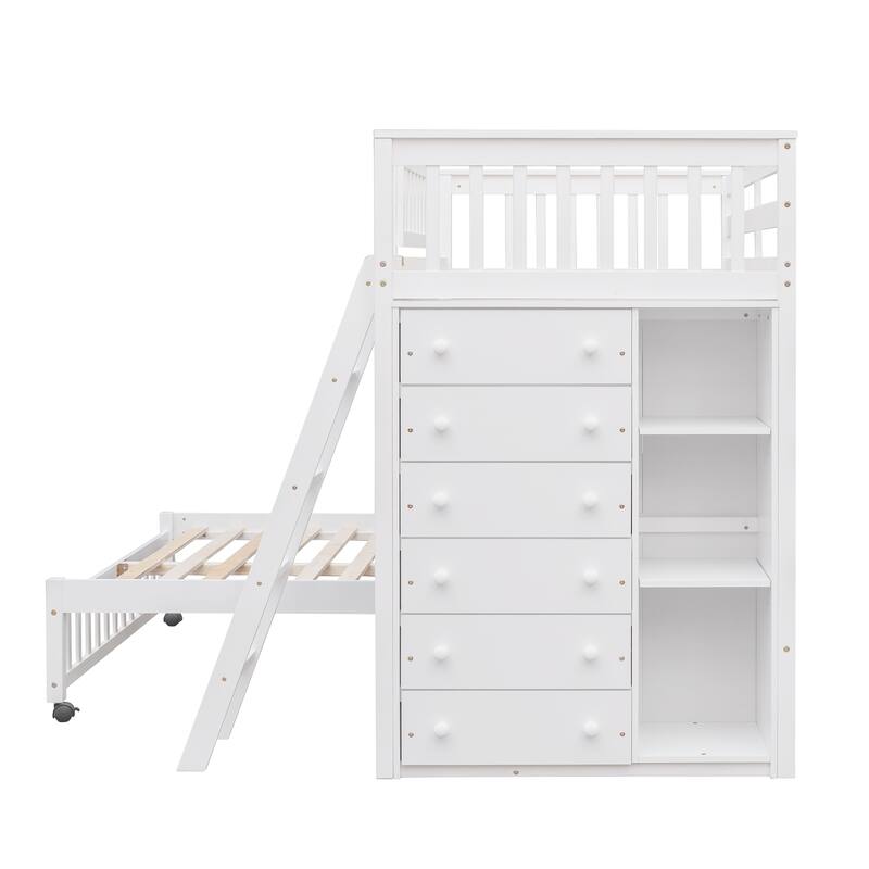 Twin Over Full Bunk Bed with Wheels, 6 Drawers and 3 Shelves