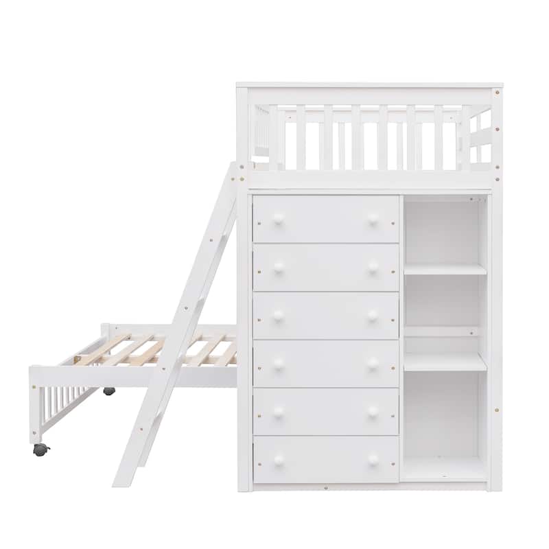 Twin Over Full Wooden Bunk Bed with Six Drawers And Flexible Shelves, Bottom Bed with Wheels-White