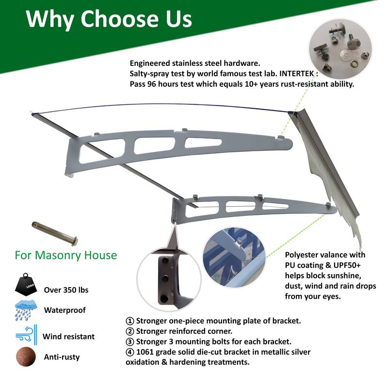 Series Door Window Awning Canopy Made of 0.137"Thick Crystal Solid Polycarbonate Sheet and Aluminum Alloy with Valance