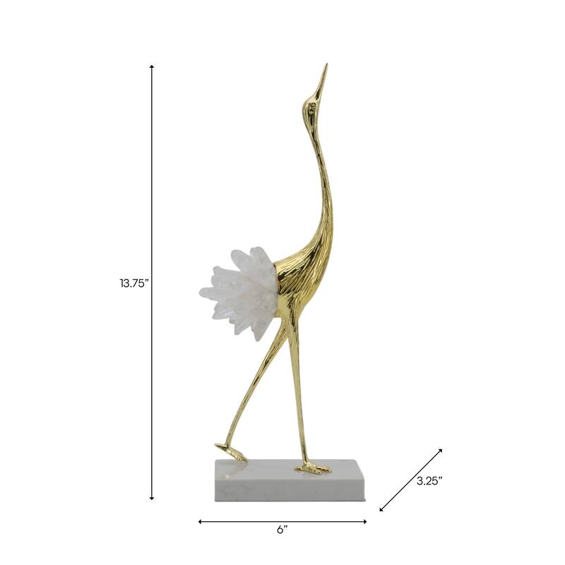 Metal Modern Crane Sculpture with Crystal Accents and Marble Base