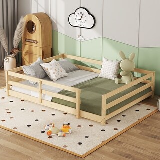 Sturdy Structure Wood Floor Bed with Guardrail and Fence for Kids, Montessori Bed Full Size, Natural
