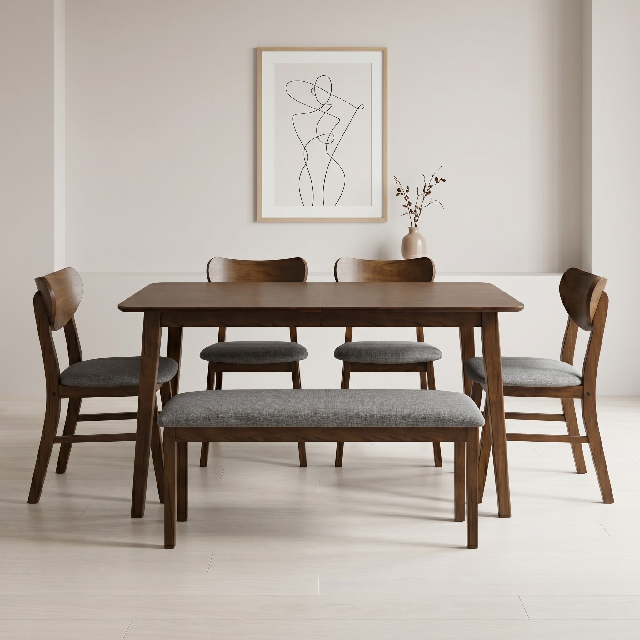 Clayfell Easton Dining Set (Set of 6), Rectangular Table, Upholstered Chairs and Bench, Comfortable Gray Linen Upholstered Seat