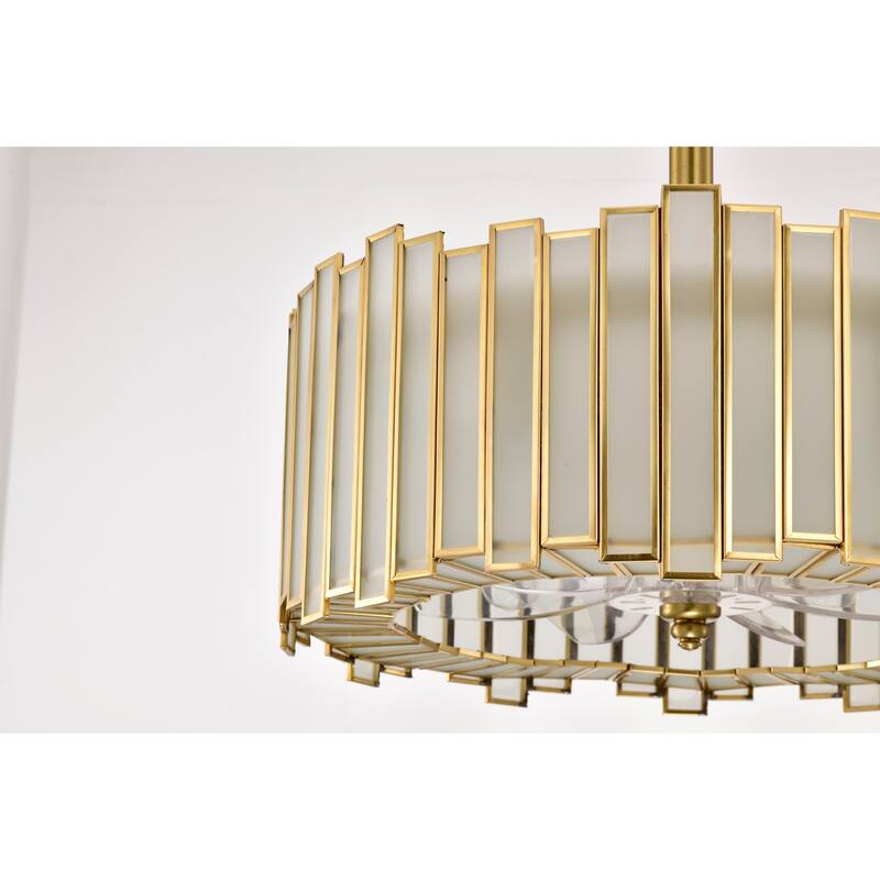 Walda 6-light Brass and Frosted Glass Staggered Panes Fandelier Lighted Ceiling Fan Remote Control - Brass-White