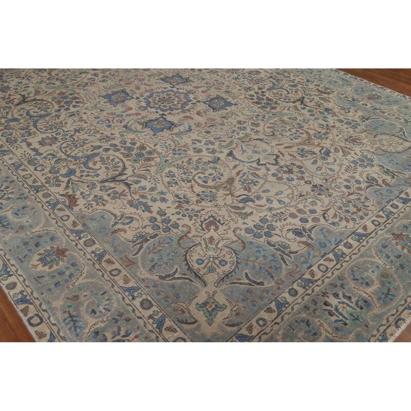 Floral Medallion Tabriz Persian Area Rug Beige Handmade Wool Carpet - 9'7"x 12'9"