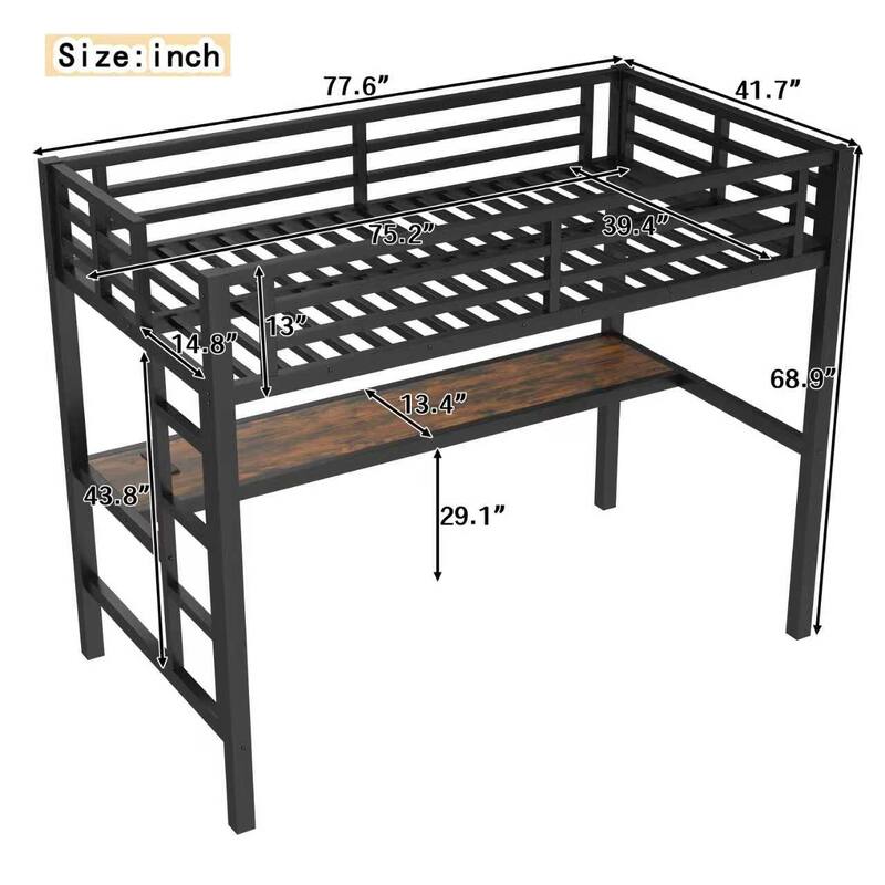 Metal Twin Size Loft Bed with Power Outlet and LED Lighted, Space-Saving, Noise Reduced, Black