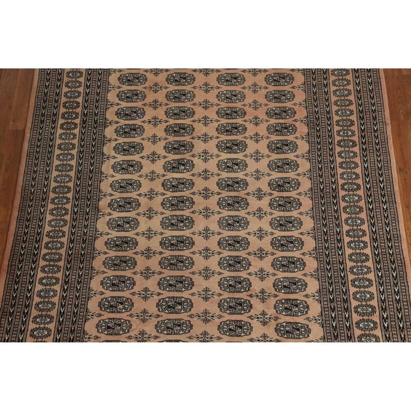 Hand Knotted Oriental 100% Wool Carpet Traditional Geometric Peach Bokhara Area Rug - 9' 1'' X 6' 0''