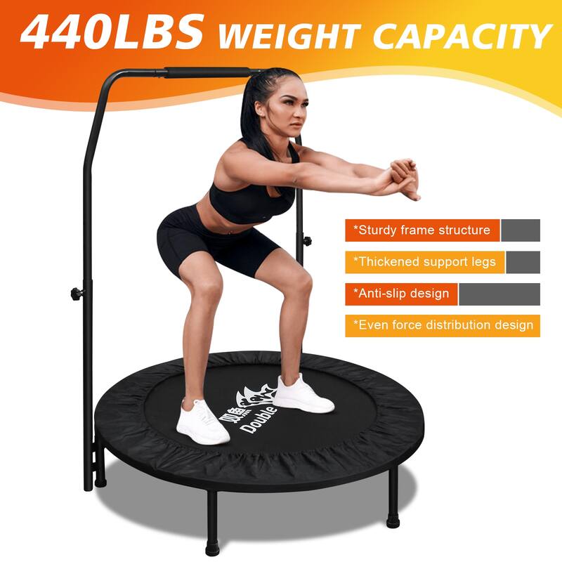 DOUBLE FISH Mini Trampoline - Adjustable Foam Handle, 400Lbs Capacity, Black Rectangular, Fitness Rebounder - 11