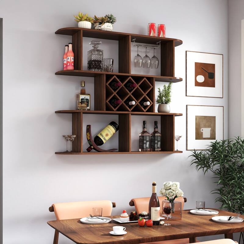 Roomfitters Wall-Mounted Wine Rack with Glass Holder, 3-Tier Wooden Bottle Storage Shelf for Home Bar or Dining Room - Walnut