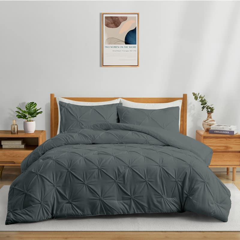 3 Piece Pintuck Pinch Pleat Comforter Set, Bedding Set for All Season, Charcoal Gray