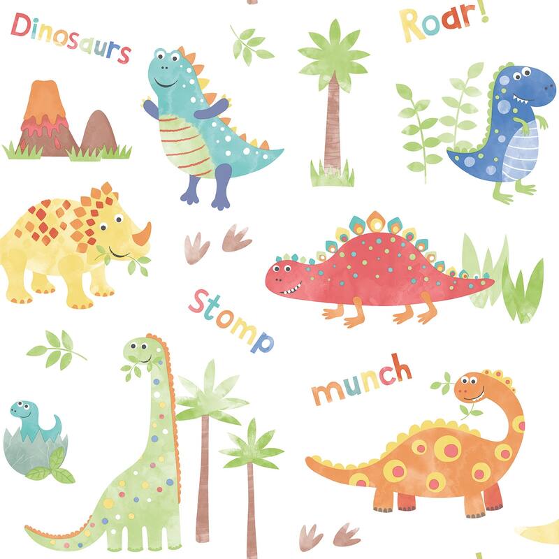 Galerie Wallcoverings Tiny Tots 2 Dinosaurs Non-woven Matte Wallpaper Roll - 33 feet x 21 inches - Red/Blue/Orange