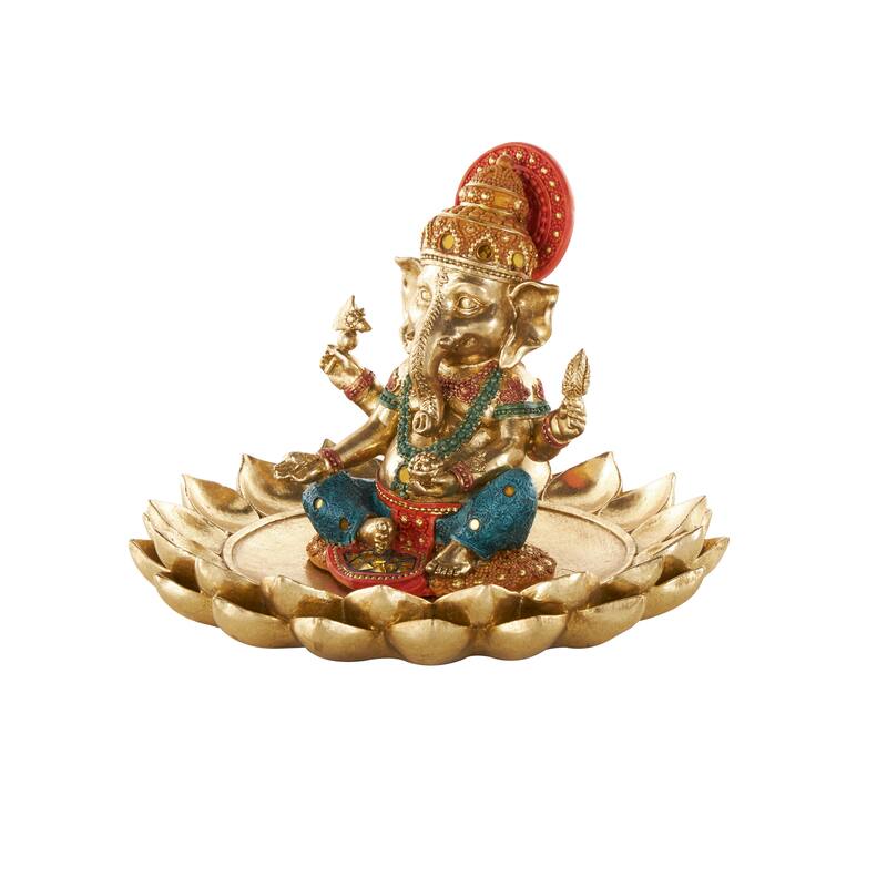 Gold Resin Ganesh Decorative Sculpture with Lotus Plate and Colorful Dresswear