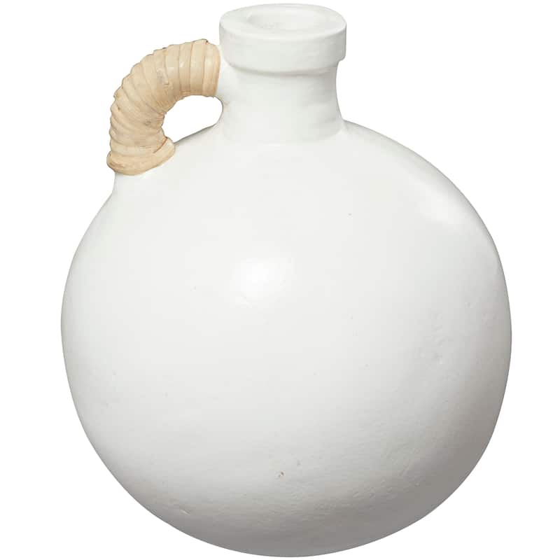 White Ceramic Jug Inspired Vase with Rattan Wrapped Handle