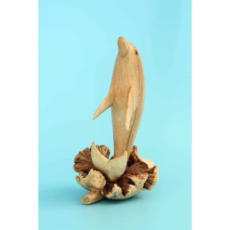 Wooden Hand Carved Single Dolphin Statue Sculpture Wood Home Decor Figurine Handcrafted Handmade Seaside Tropical