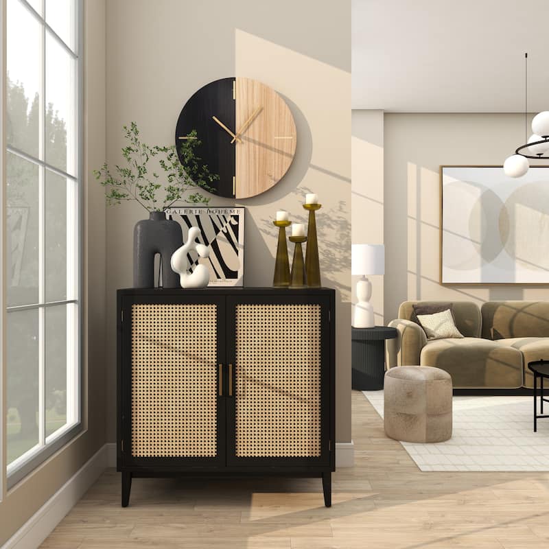 Wooden Round Decorative Wall Clock with Marble Side - Black or Brown - CosmoLiving by Cosmopolitan