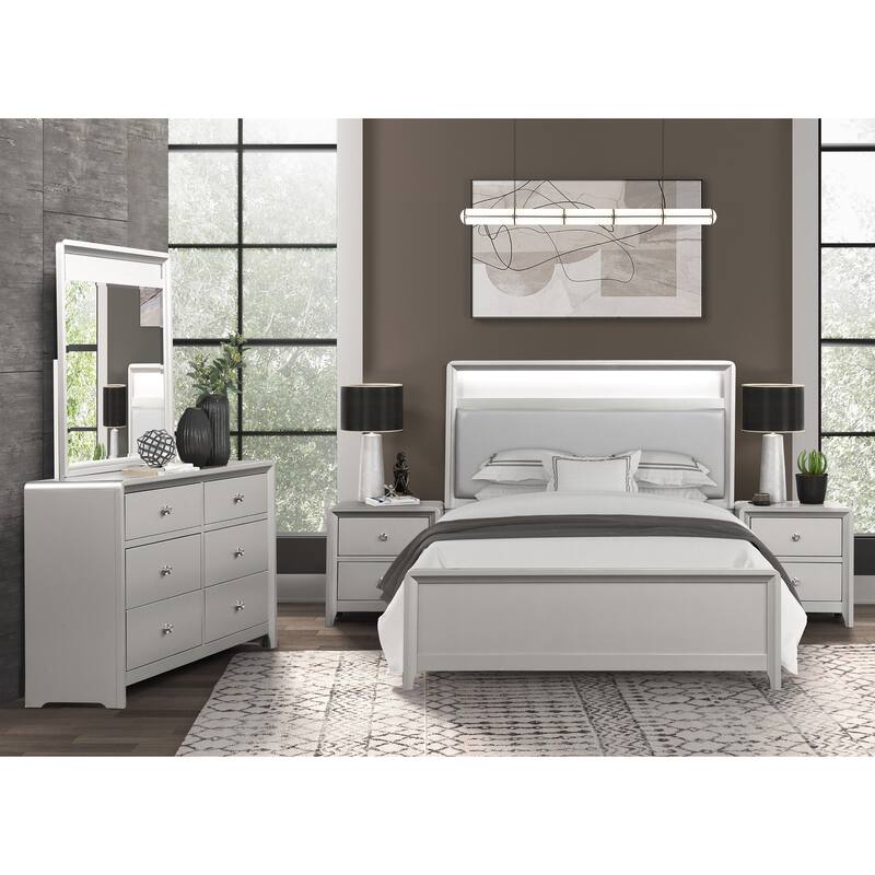 Furniture of America Milandra Modern 5-Piece Champagne Solid Wood Panel Bedroom Set with LED Light - Queen