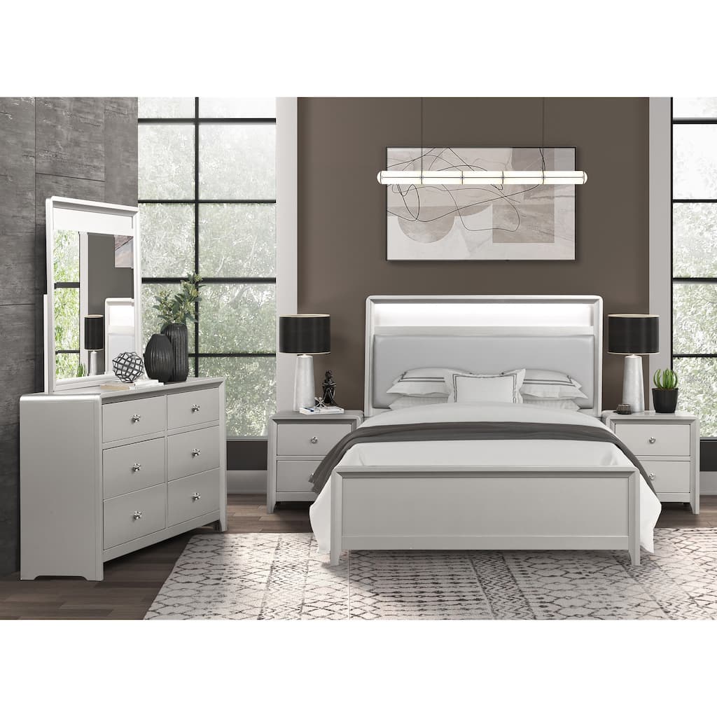 Furniture of America Milandra Modern 5-Piece Champagne Solid Wood Panel Bedroom Set with LED Light