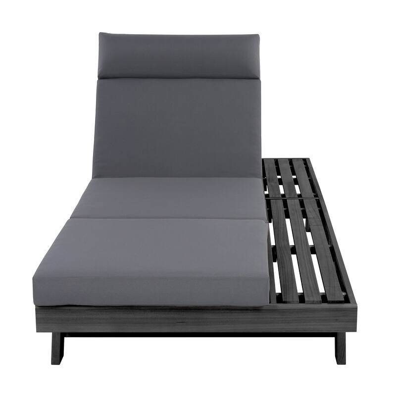 Outdoor Patio Acacia Wood Chaise Lounge Chair with Adjustable Backrest, Side Open Storage and Water-Repellent Cushions