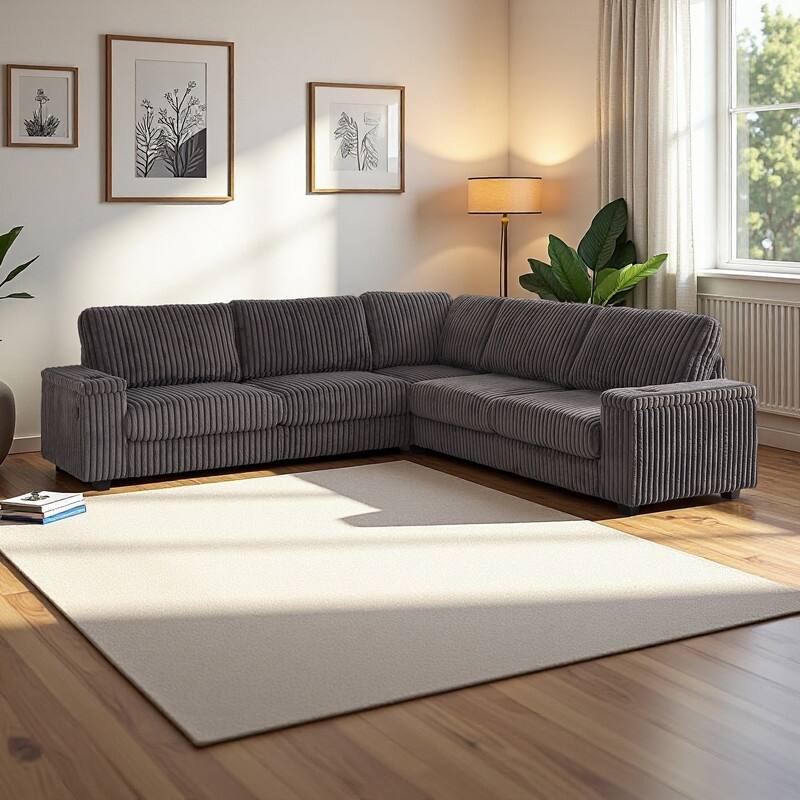 110" Corduroy L-Shaped Sectional Sofa with Storage, USB Charging and Cup Holders - DARK GREY