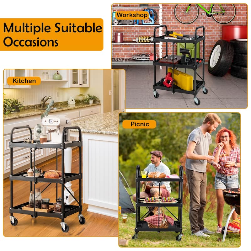 Costway Folding Collapsible Service Cart Heavy-Duty 3-Shelf Tool Cart - 24'' x 17'' x 38'' (L x W x H)