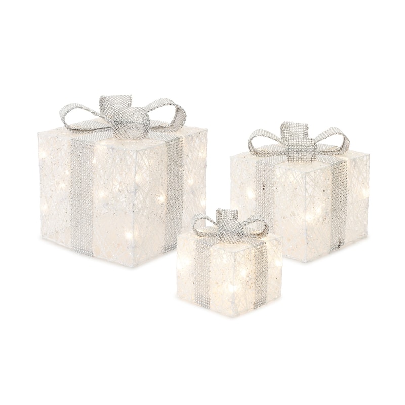 LED Lighted Presents with Silver Bow Ties (Set of 3) - N/A
