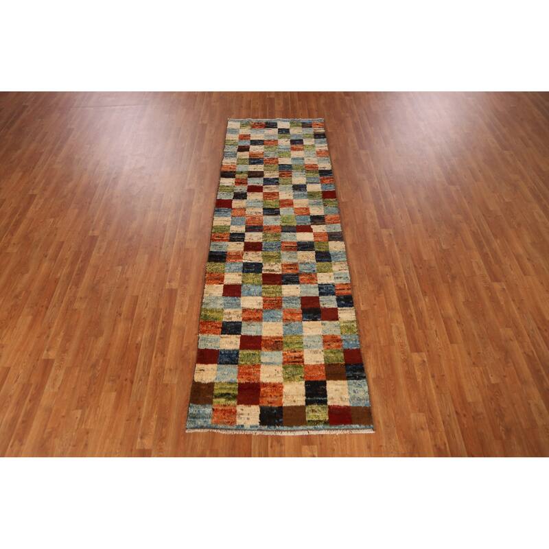Checkered Moroccan Oriental Runner Rug Handmade Wool Carpet - 3'2" x 9'8"