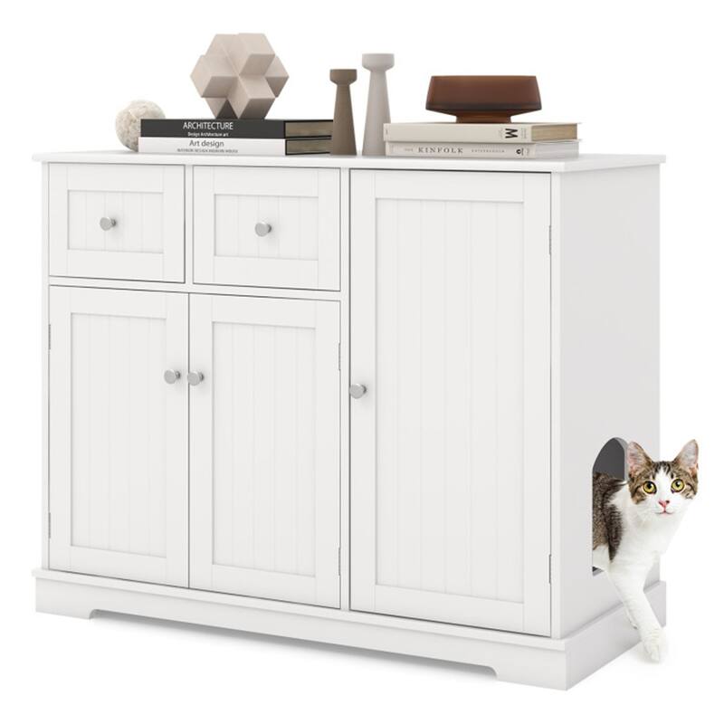 Cat Litter Box Enclosure With 2 Drawers 3 Doors White Wood