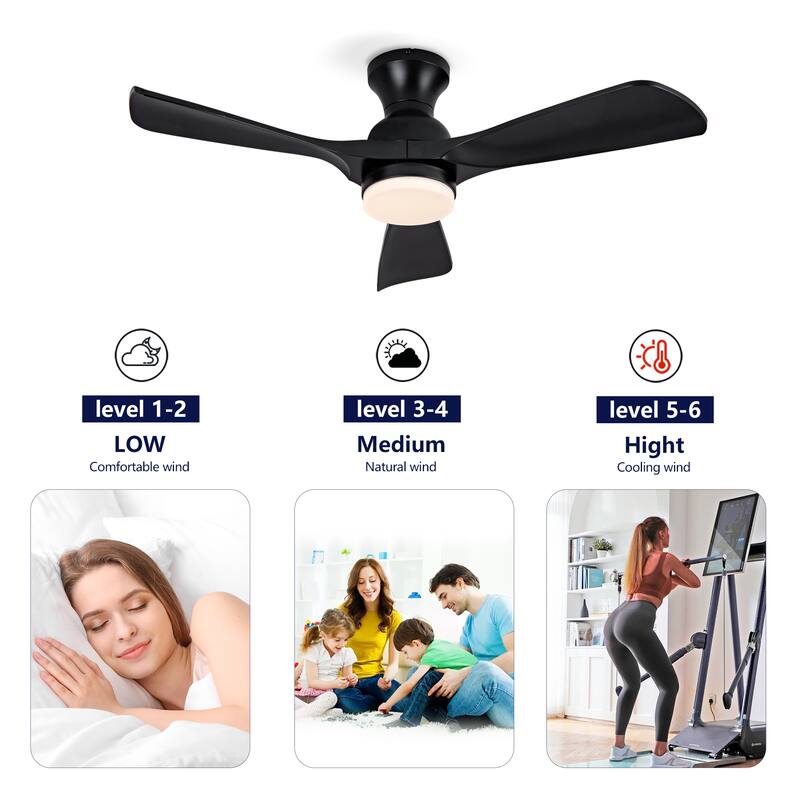 42 Inch Black Ceiling Fan with Lights Flush Mount Ceiling Fan with Remote Control, ABS Blades Modern Outdoor Ceiling Fans