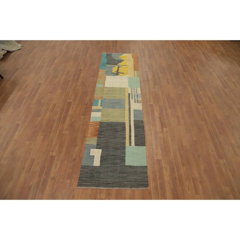 Hand Woven Oriental 100% Wool Carpet Southwestern Modern Multi-Colored Kilim Runner Rug - 10' 0'' X 2' 7''