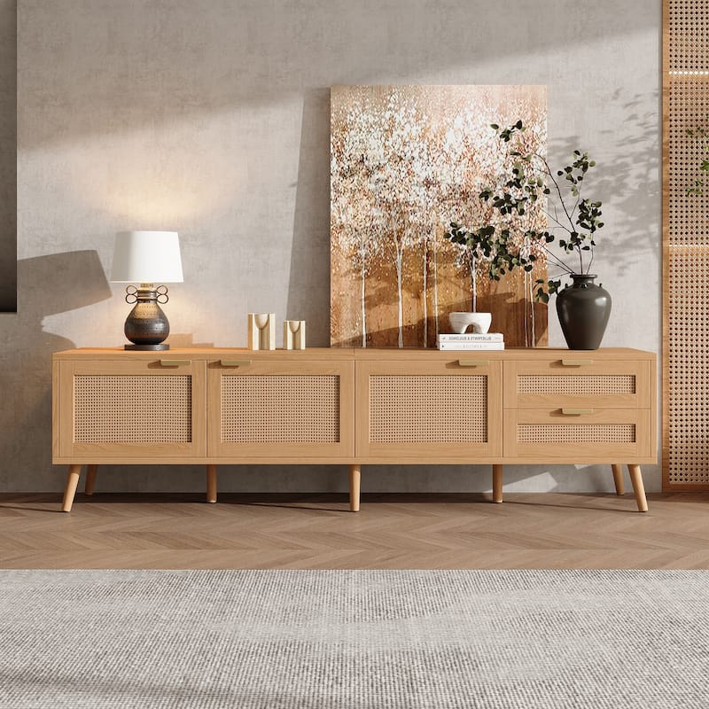 70inch Modern TV Stand with Rattan Doors for TVs up to 80", Media Console with Storage Space, 2 Drawers & Cable Holes