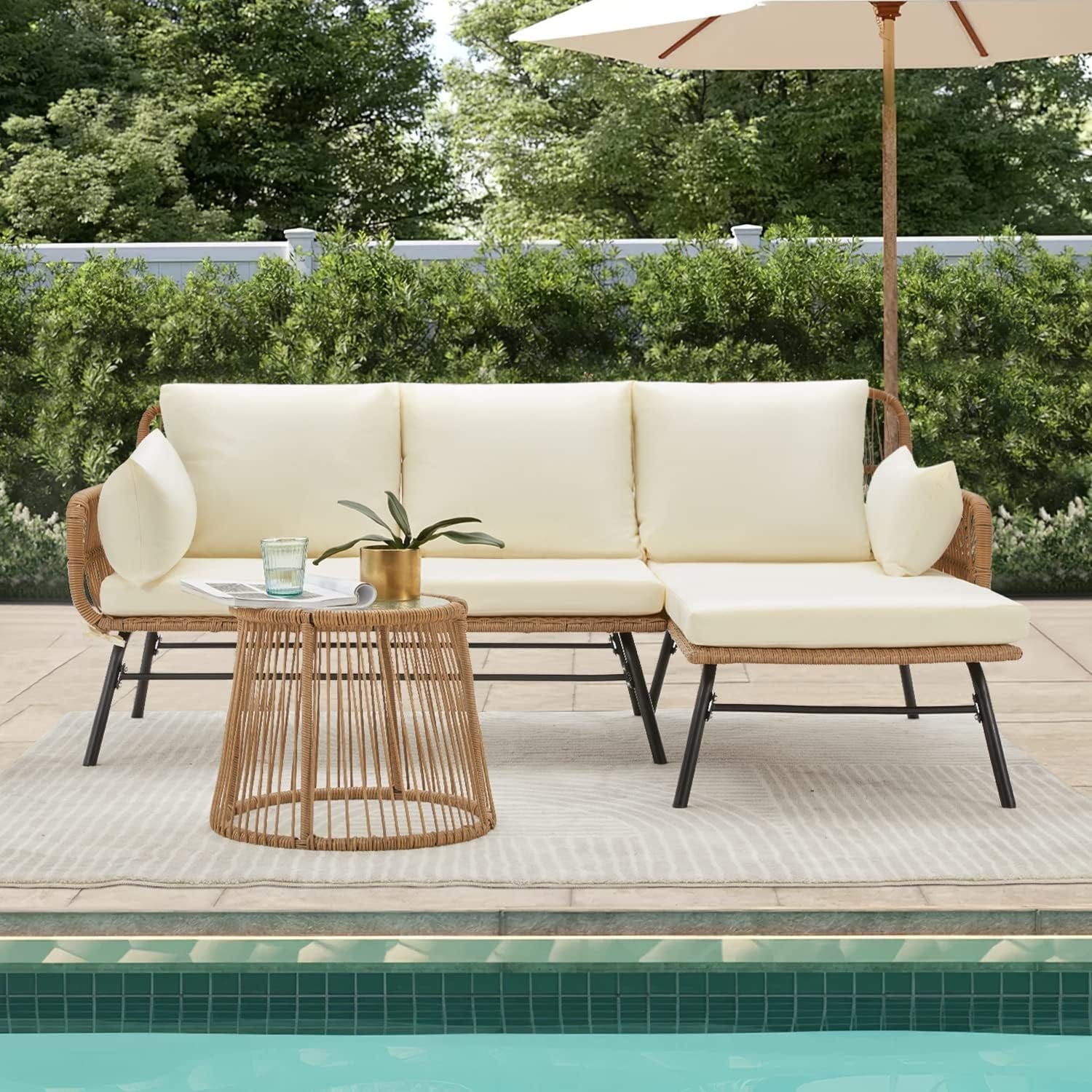Sectional Wicker Conversation Sofa Set, 3 Piece Patio Furniture Set with Thick Cushions and Toughened Glass Coffee Table