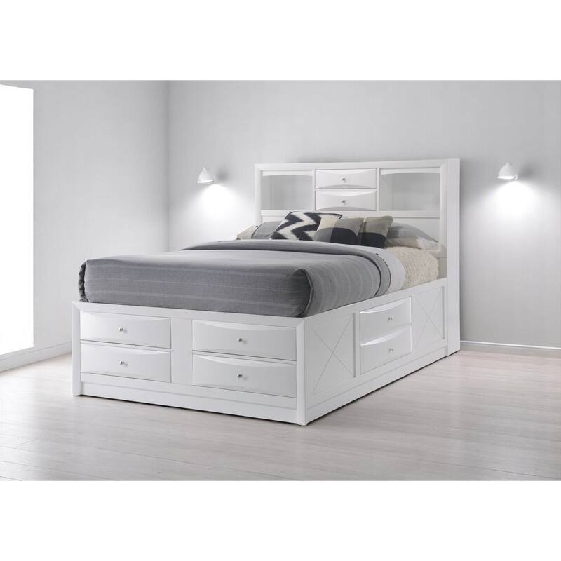Queen Size Solid Wood Platform Storage Bed with 8 Drawers and Bookcase Headboard – No Box Spring Needed