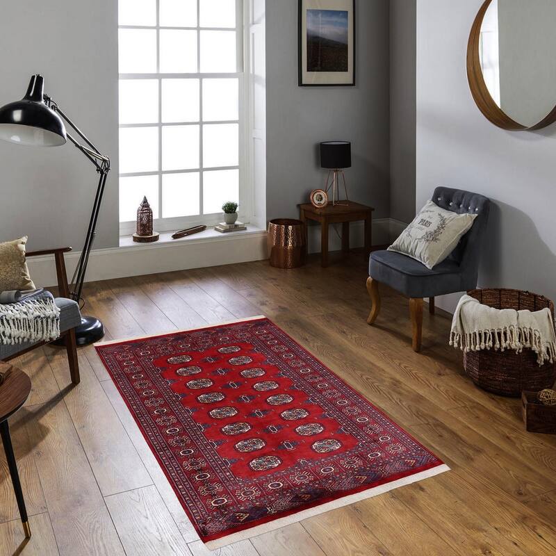 Southwestern Bokhara Darnell Red Blue Hand Knotted Rug - 4'1'' x 6'1''