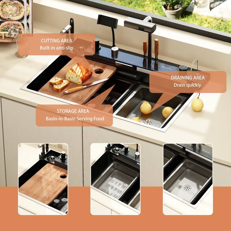 29.4 Inch Smart Kitchen Sink Workstation with LED Display, Multi-Function Faucet, Cutting Board & Drain Control