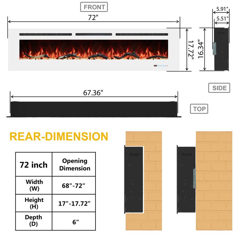 48 in. Electric Fireplace Inserts, Wall Mounted with 13 Flame Colors, Thermostat in White