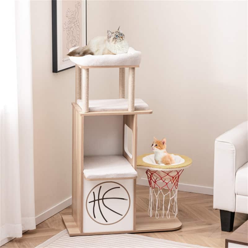 47-Inch Wooden Cat Condo with 2-Story Design, Luxury Perches, Soft Cushions & Natural Jute Scratching Posts - 31" x 15" x 47"