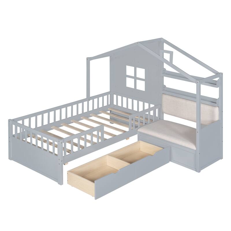 Twin Size House Bed with Sofa, Kids Platform Bed with Two Drawers and Storage Shelf