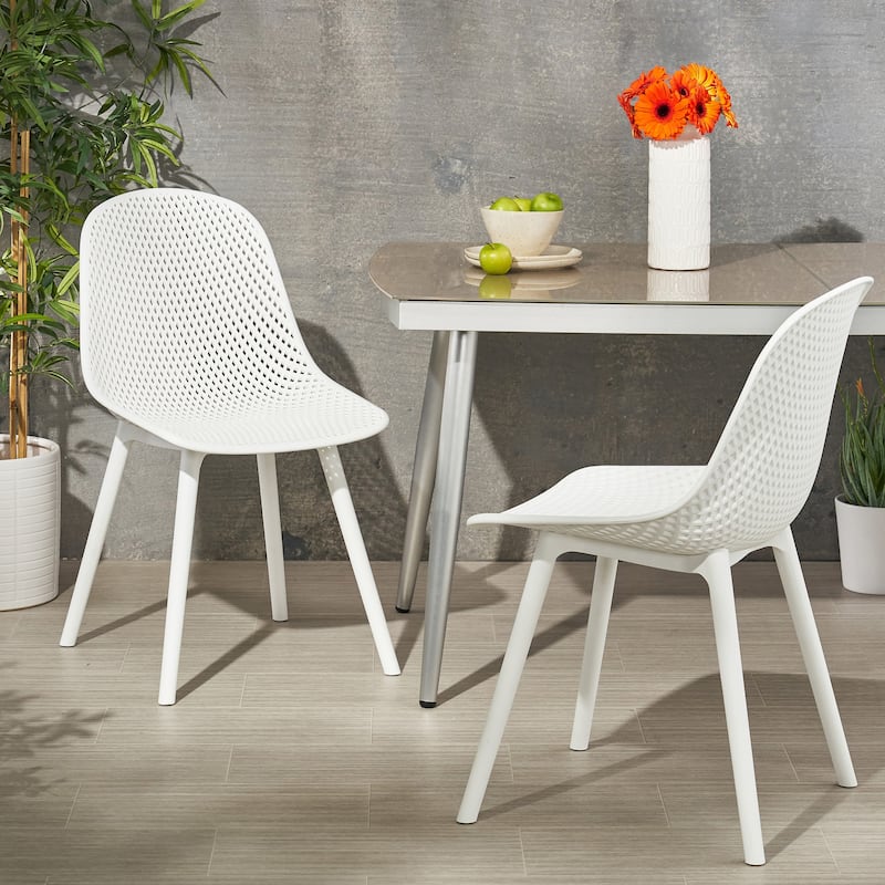 Roomfitters Modern Outdoor Plastic Chairs with Perforated Backrest, Lightweight Patio Seating, Set of 2
