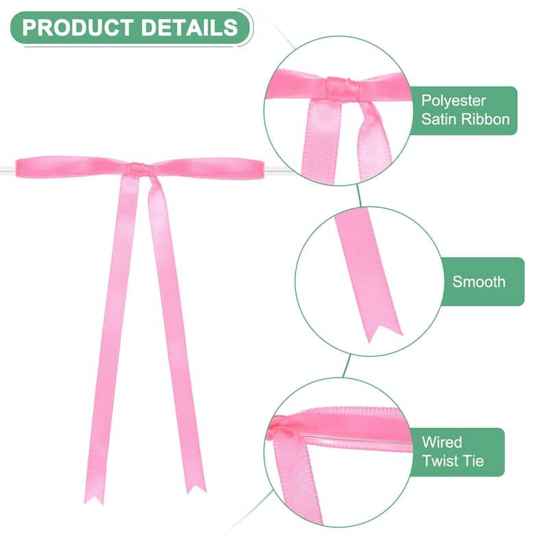 50-Pack Satin Ribbon Twist Tie Bows 7x5" Bow Twist for Gifts - Pink