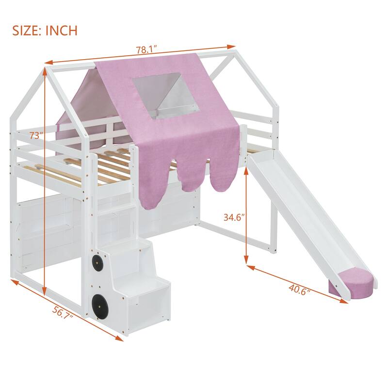 Twin Size Wooden Loft Bed with House-Shaped Frame, Tent, Slide, and Storage, White and Pink
