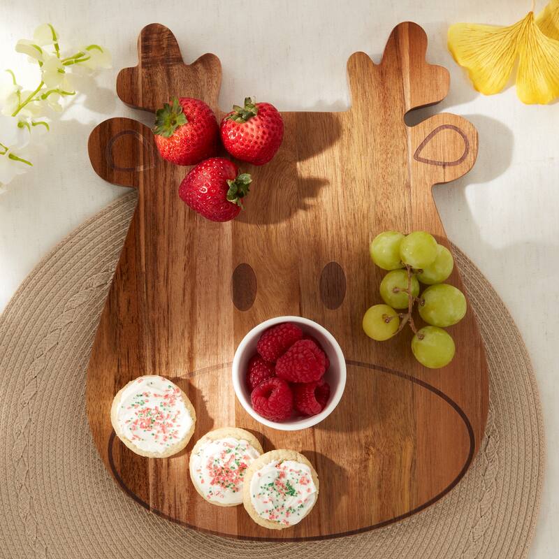 Tabletops Gallery Set of 2 Reindeer Acacia Wood Serving Board with Ceramic Bowl
