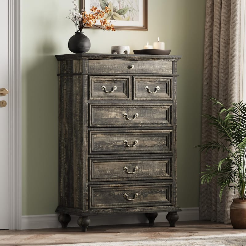 7 Drawers Dresser for Bedroom, Farmhouse 50" Tall Wood Chest of Drawers with Rustic Handle