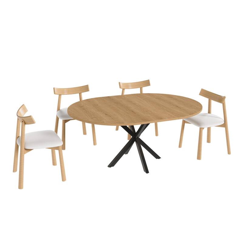 Extendable Round Dining Table Set for 2-6: 43" to 58" Oak Finish Expandable Table with Carbon Steel Base & Wood Chairs