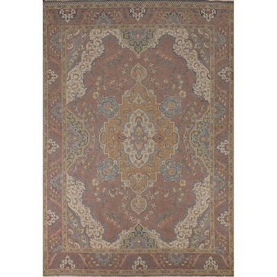 Brown Floral Tabriz Persian Vintage Area Rug Handmade Wool Carpet - 9'4"x 12'7"